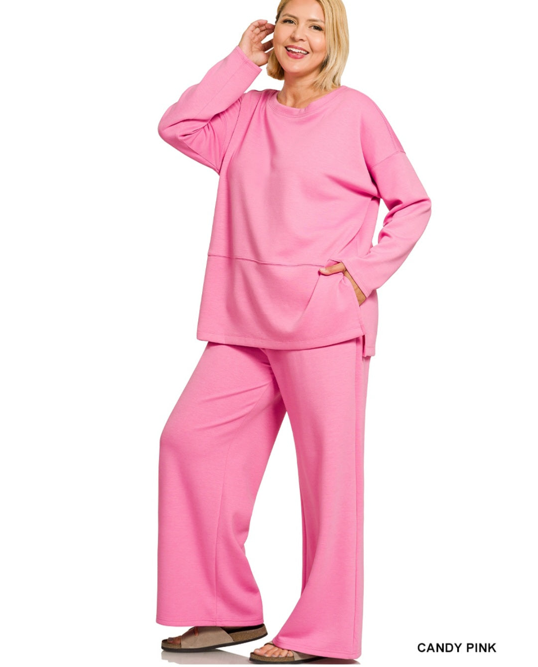 Zenana Plus scuba side slit top & pants set