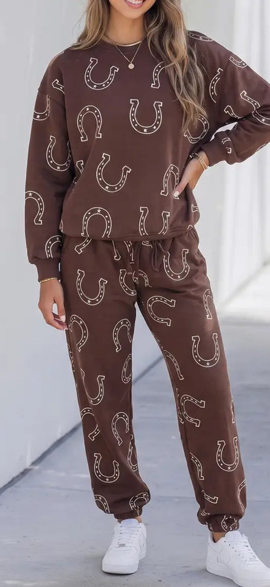 Western Print Elastic Waist Pocket 2 Pc Pant Set