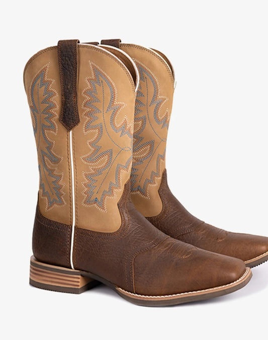 Western Men's Embroidered Wide Toe Cowboy Full Grain Leather Boots