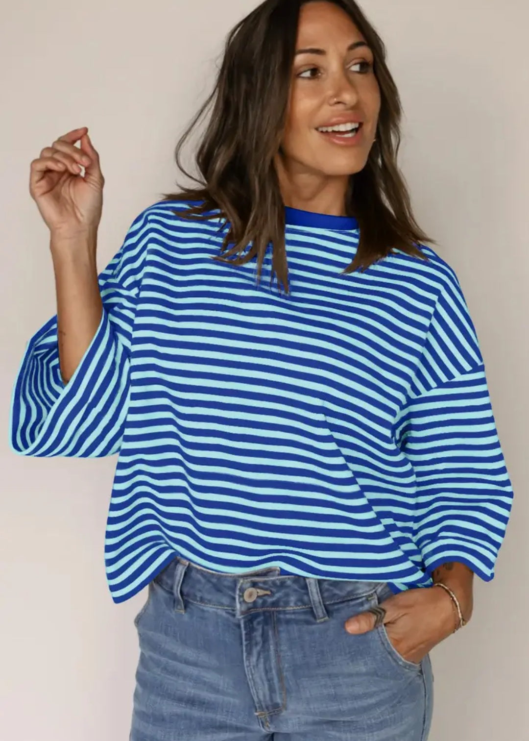 Striped Knit Crew Neck Top with Back Bow Tie Detail - Multiple Colors
