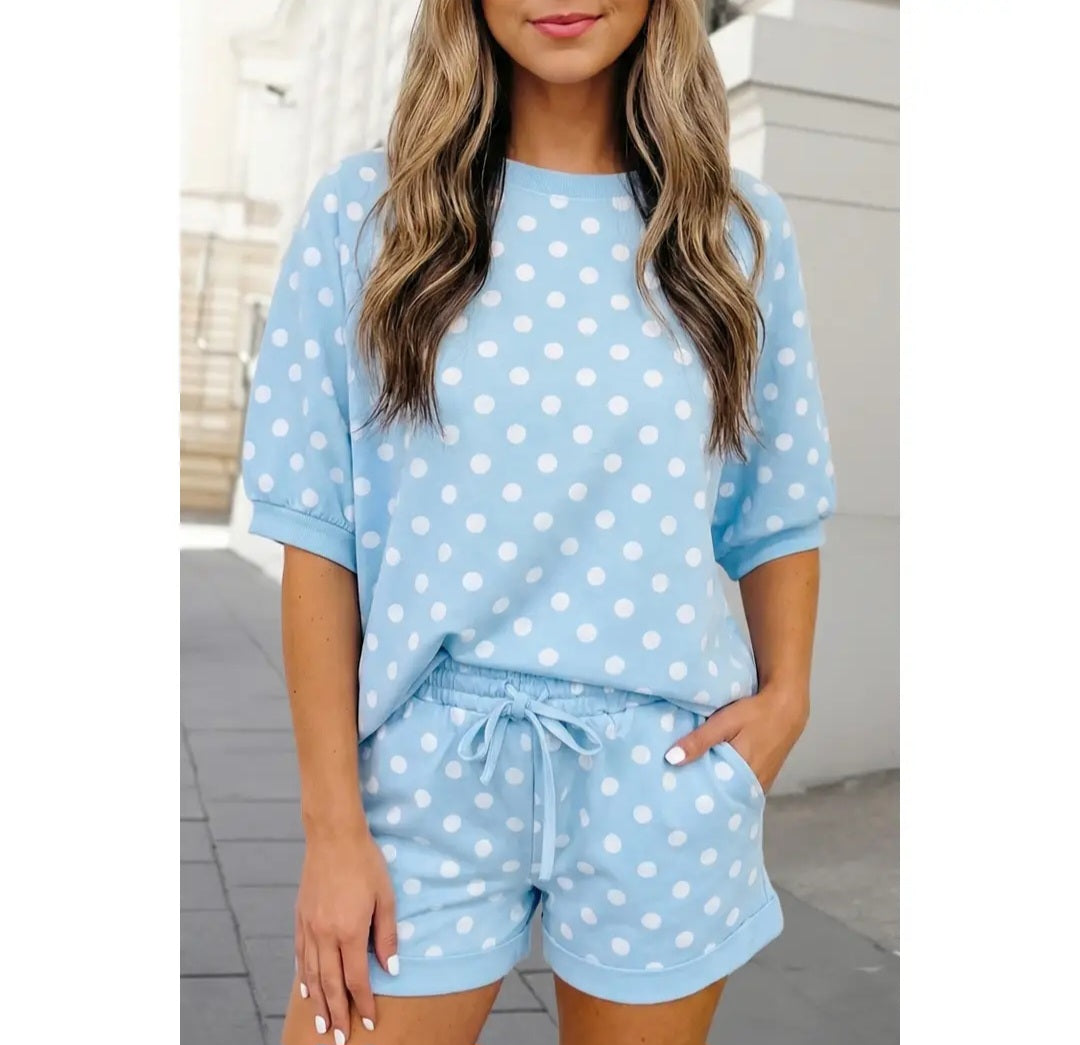 Polka Dot Print Top Drawstring Shorts set