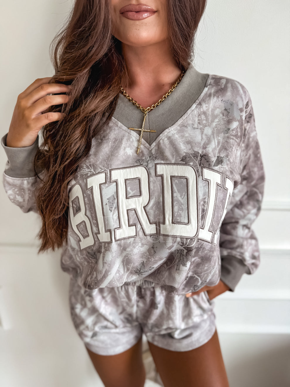 BIRDIE PREORDER V Neck Oversized Sweatshirt in Ashwood Camo