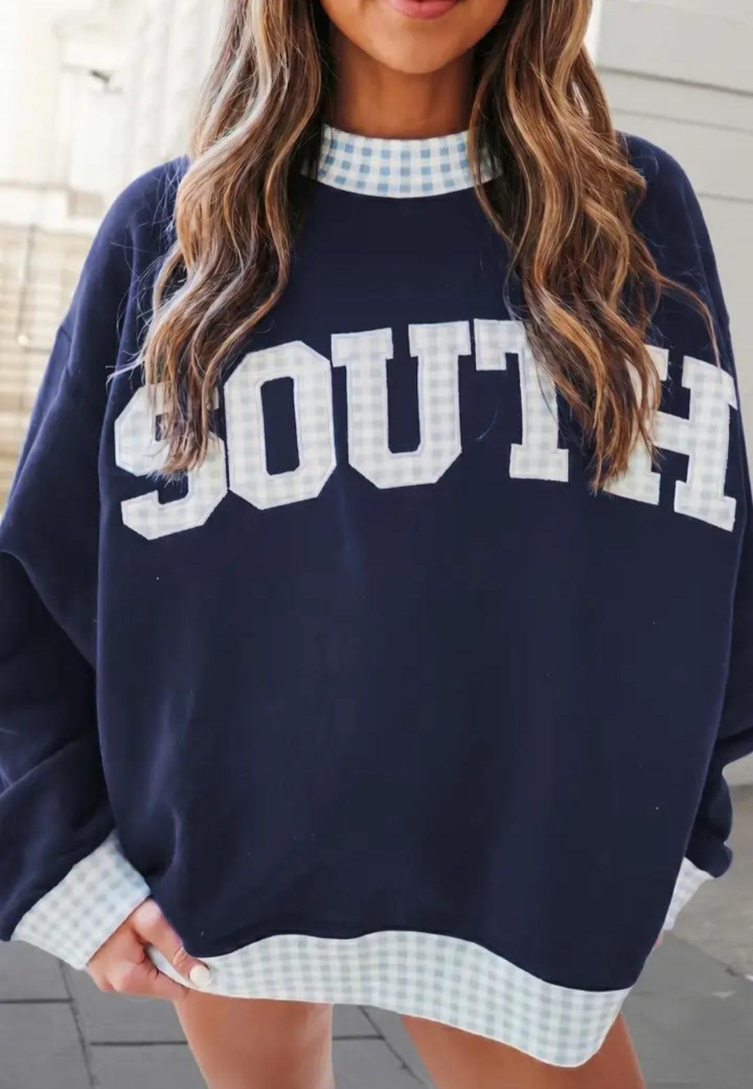 West/South Plaid Letter Mockneck Sweatshirt