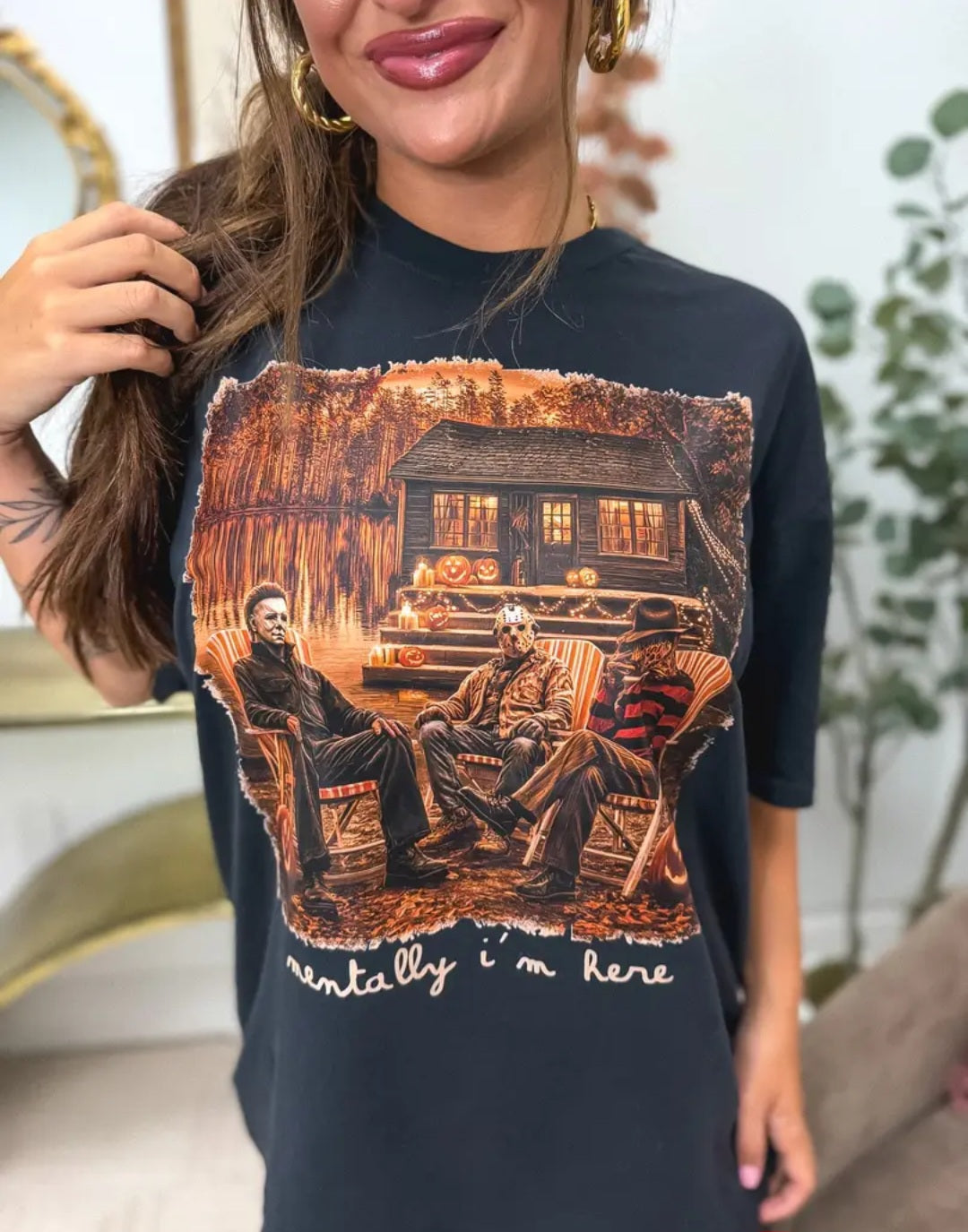 Birdie Mentall I'm Here Halloween Black Graphic Tee