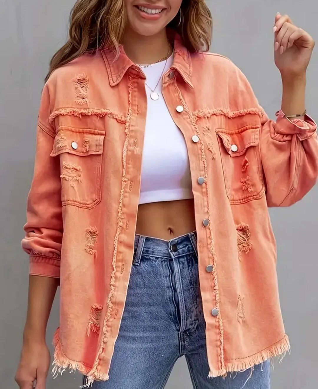 Ripped Fringe Casual Shacket with Pocket
