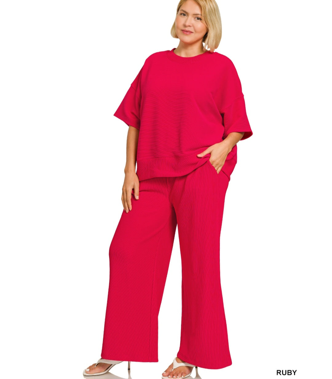 Zenana Plus ribbed round neck tee & pants set