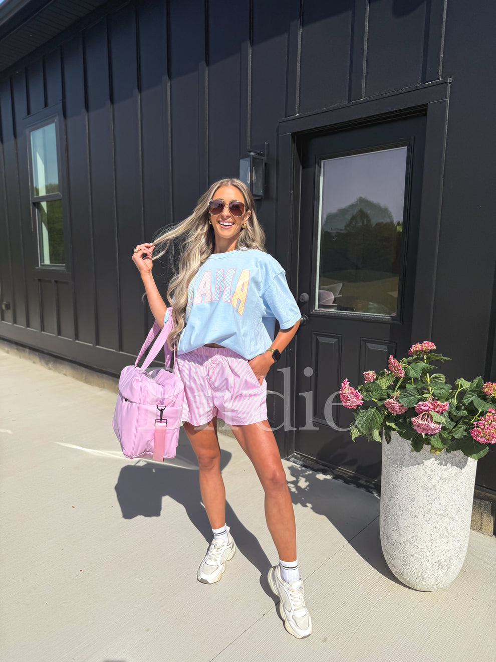 Birdie Pastel Checkered MAMA Graphic Tee on Chambray