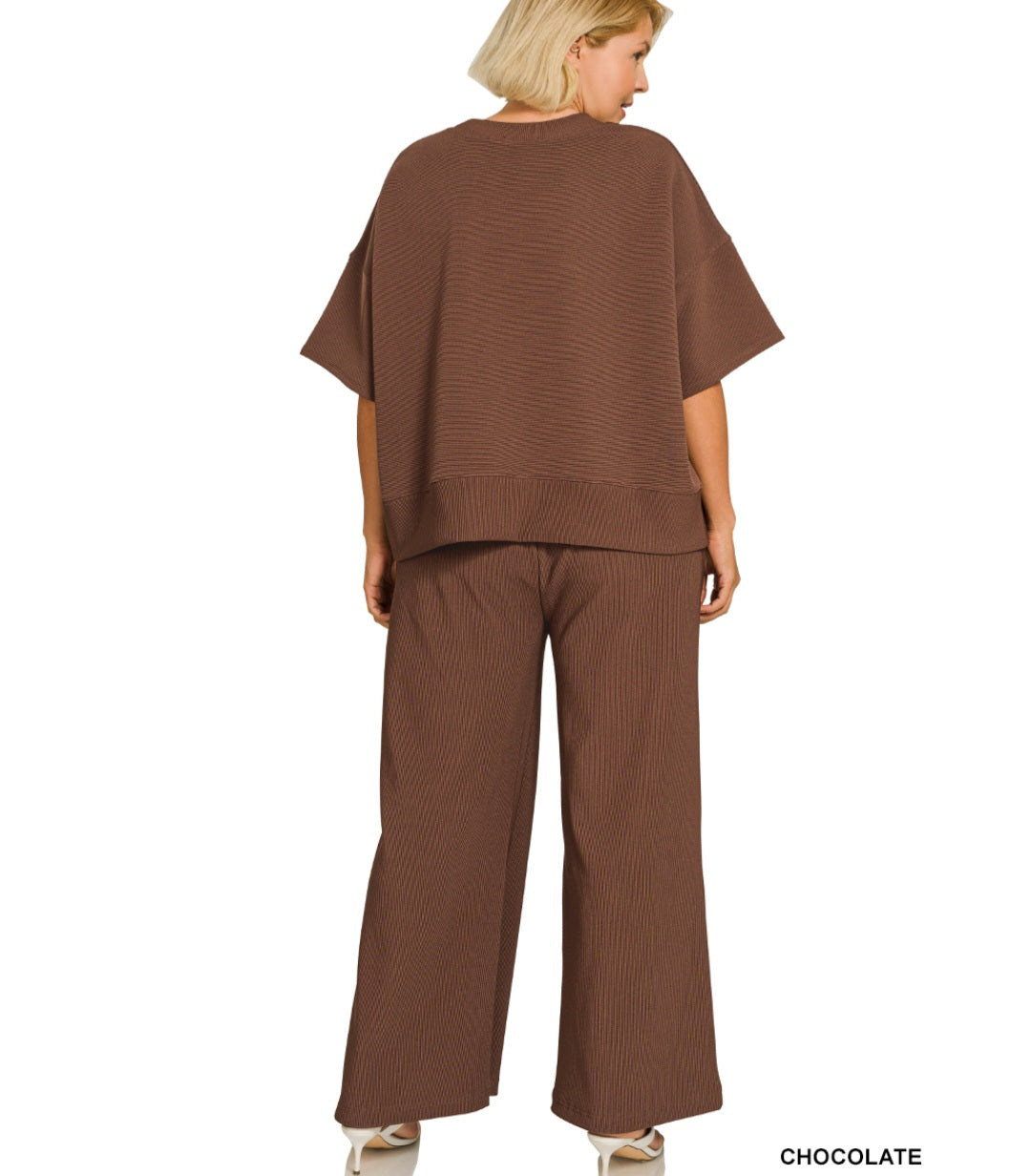 Zenana Plus ribbed round neck tee & pants set