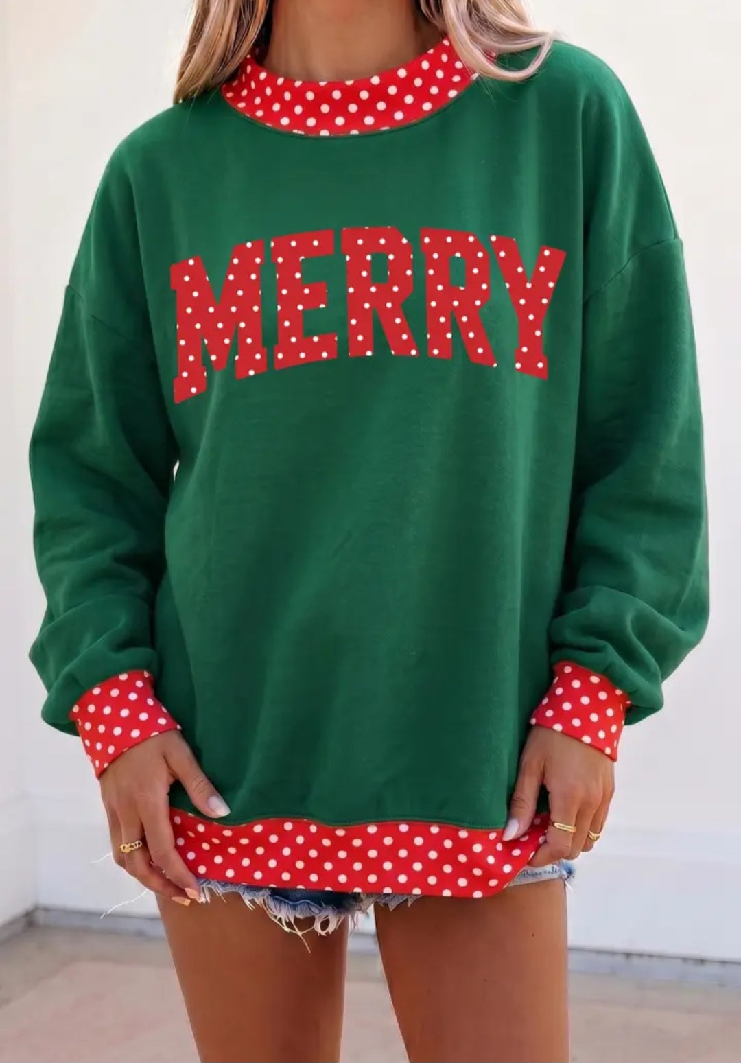 Polka Dot Contrast Holiday Mock Neck Sweatshirt