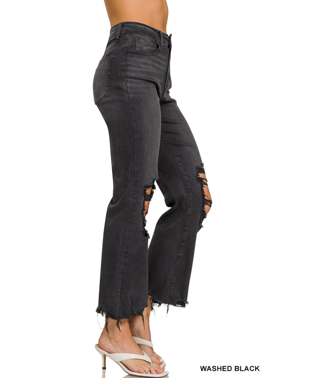 Washed distressed knee and hem pants