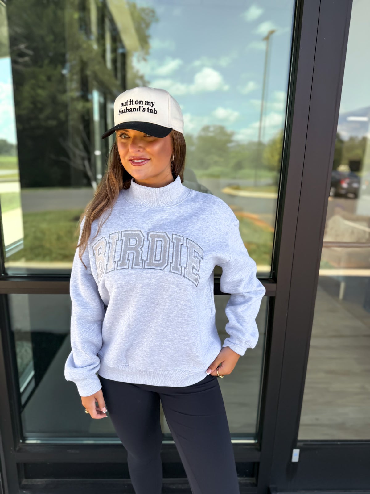 BIRDIE Embroidered Funnel Neck Pullover in Heather Haze