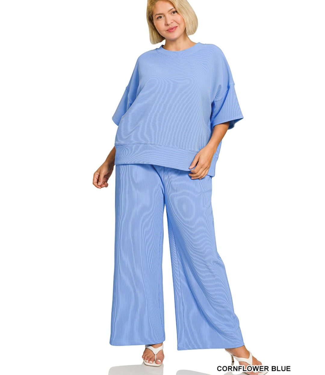 Zenana Plus ribbed round neck tee & pants set