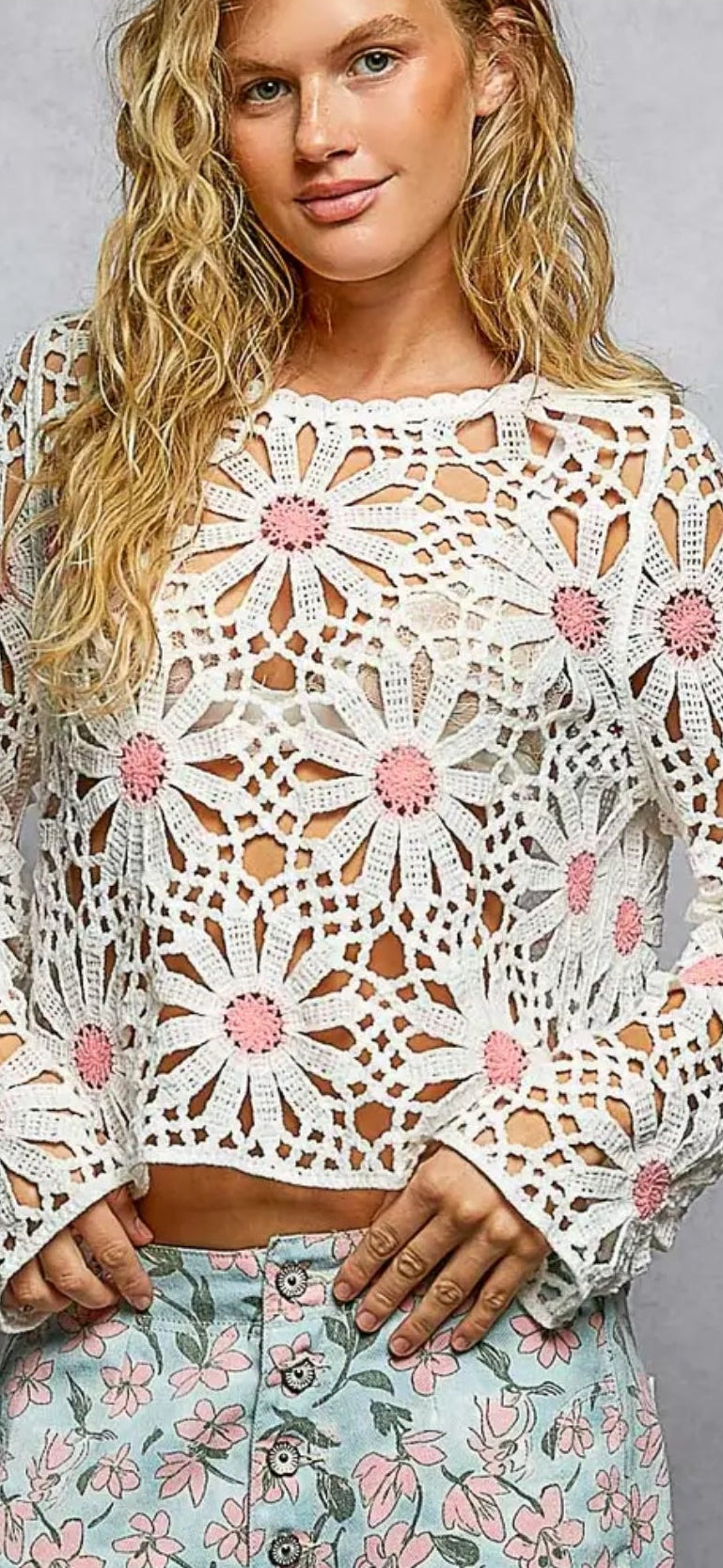 POL Floral Weave Round Neck Long Sleeve Crochet Top