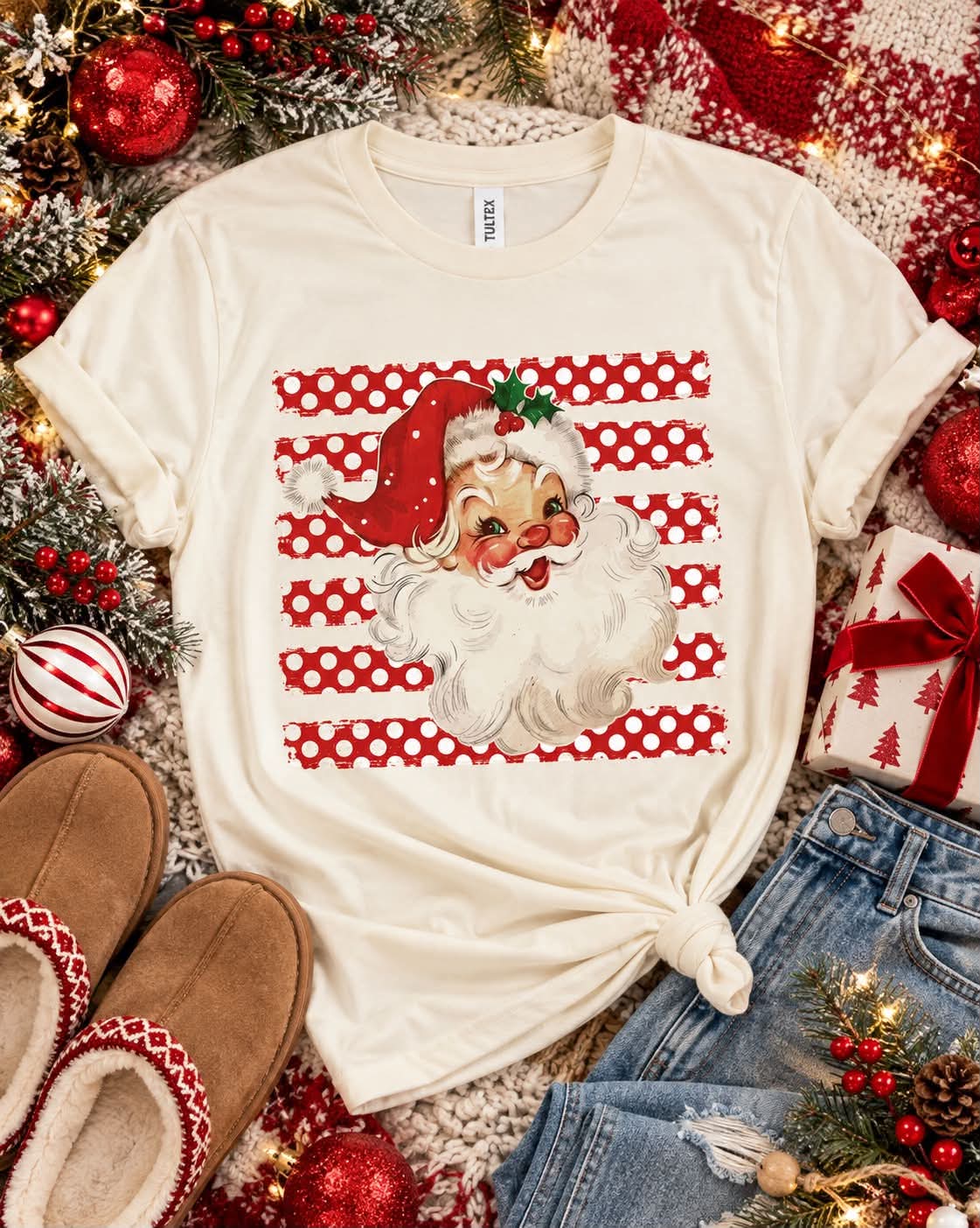 TULTEX POLKA DOT STRIPE SANTA TEE