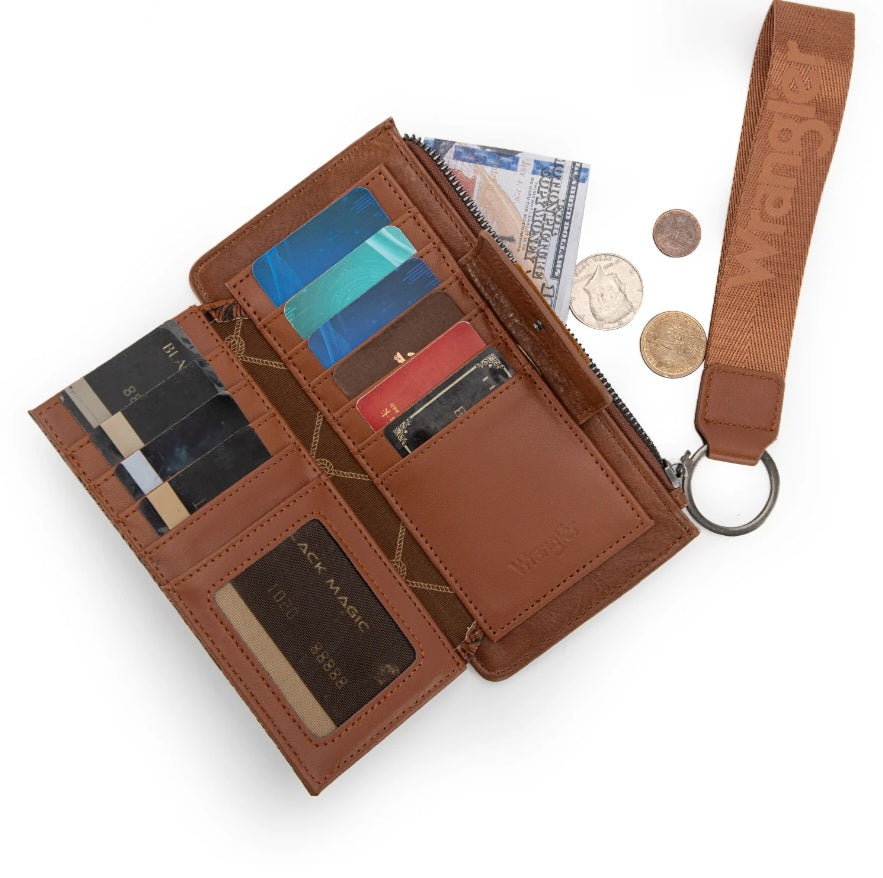 Wrangler Floral Tooled Card Wallet/Wristlet - Brown