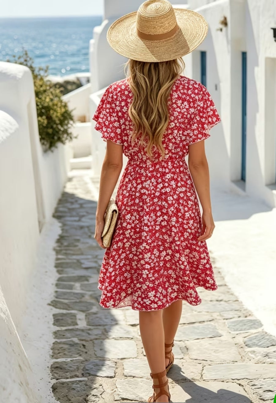 Casual Vacation Style Printed Waist Clinching Dress