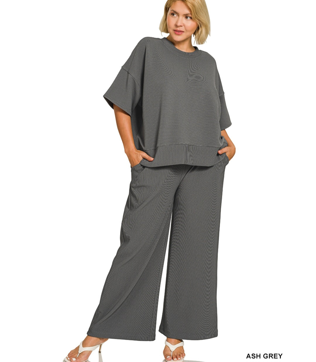 Zenana Plus ribbed round neck tee & pants set