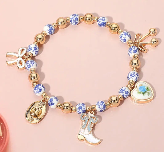 Enamel Bow Western Boot Charm Ceramic Ball Stretch Bracelet