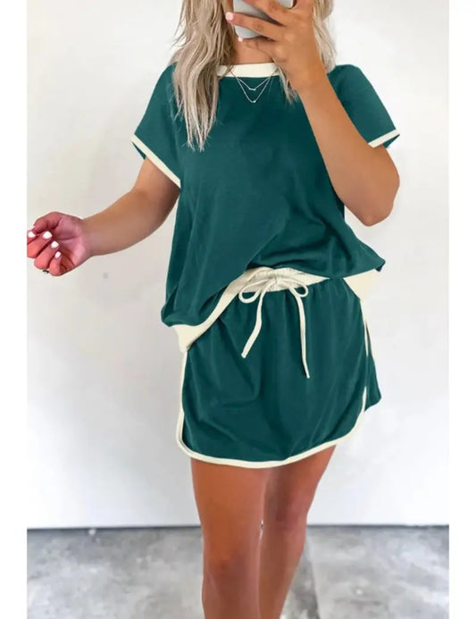 Women's Color Block Off Shoulder T-Shirt and Skirt Set