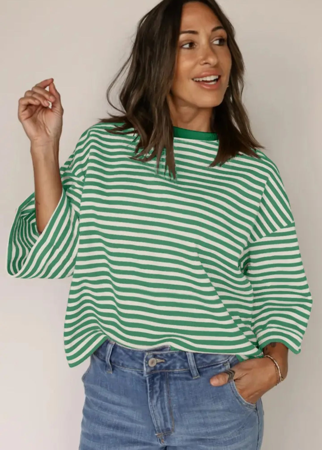 Striped Knit Crew Neck Top with Back Bow Tie Detail - Multiple Colors