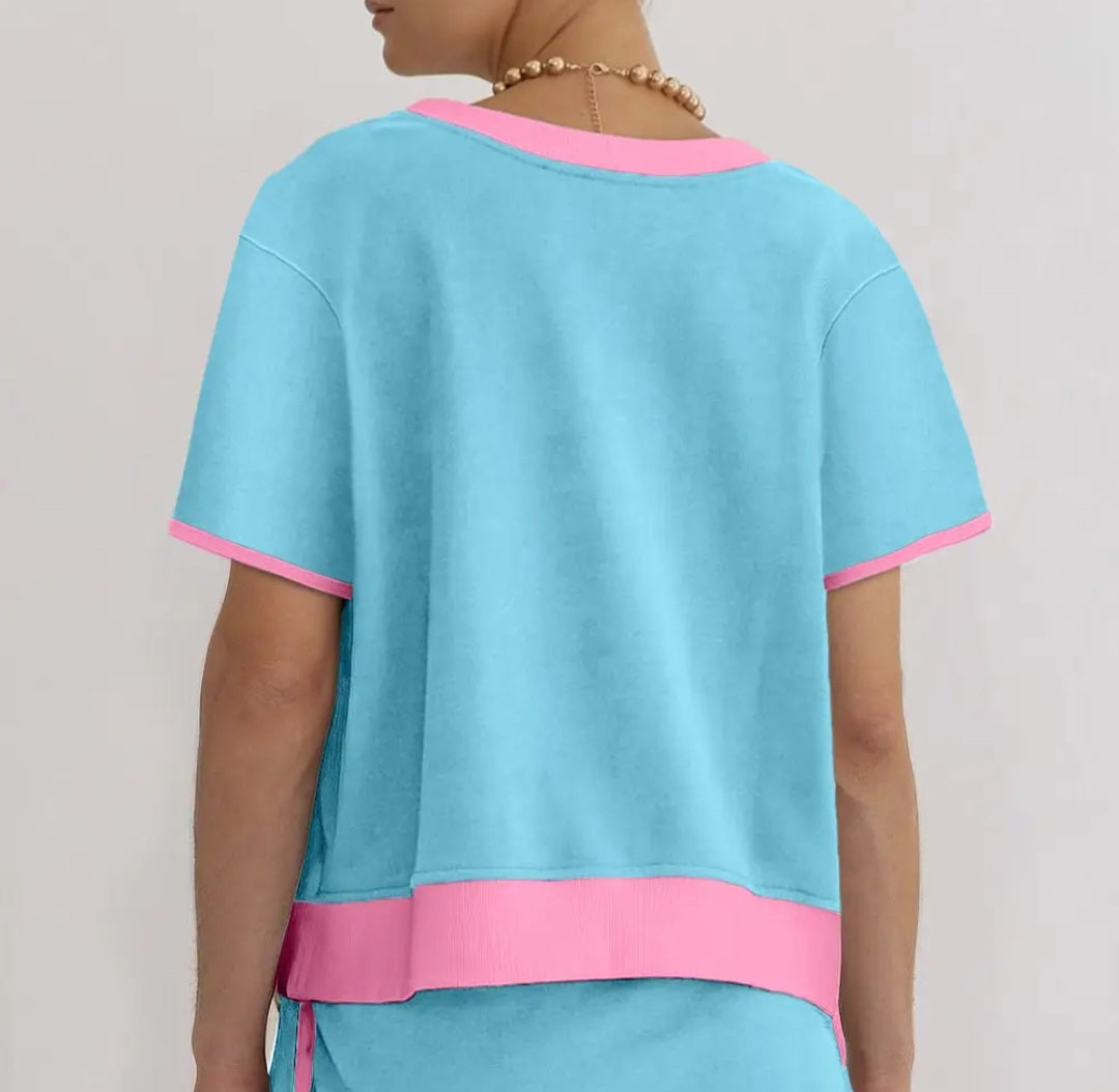 Bonbon Colorblock Edge Drop Shoulder -Turquoise/ Pink