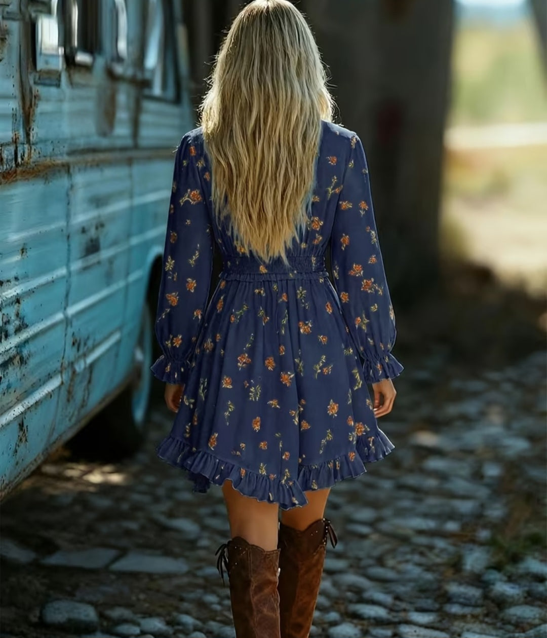 Women's Long Sleeve V Neck Floral Print Hem Dress