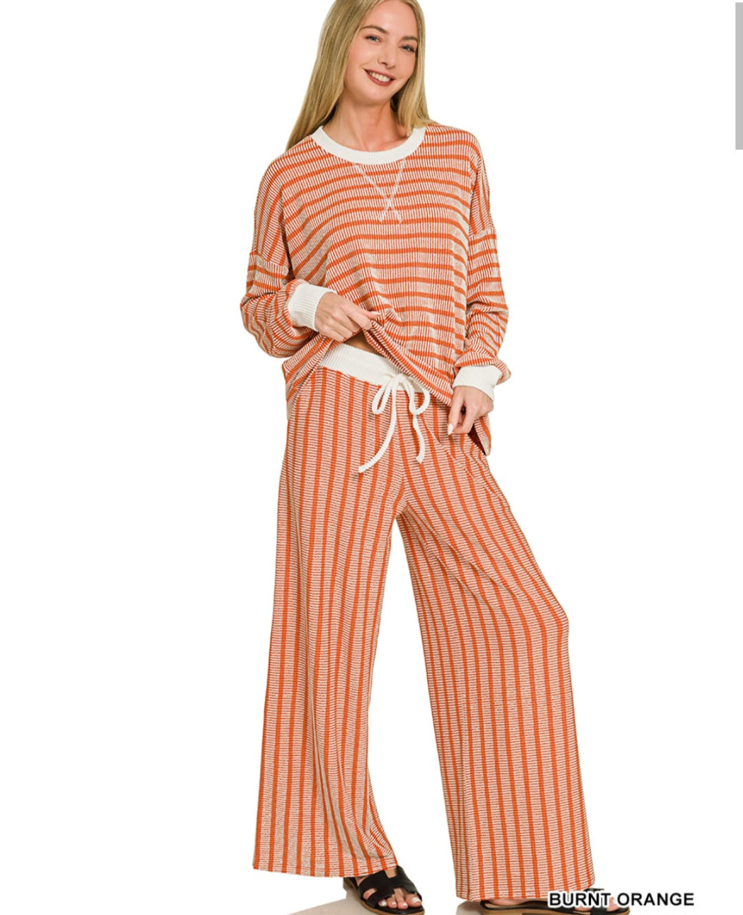 Zenana Burnt Orange Raised Rib Striped Pullover and Pants Set