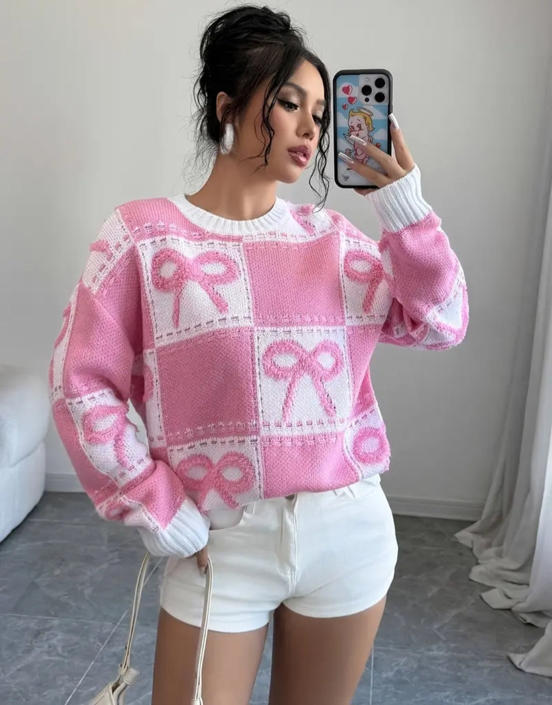 Pink and White Bow Sweater