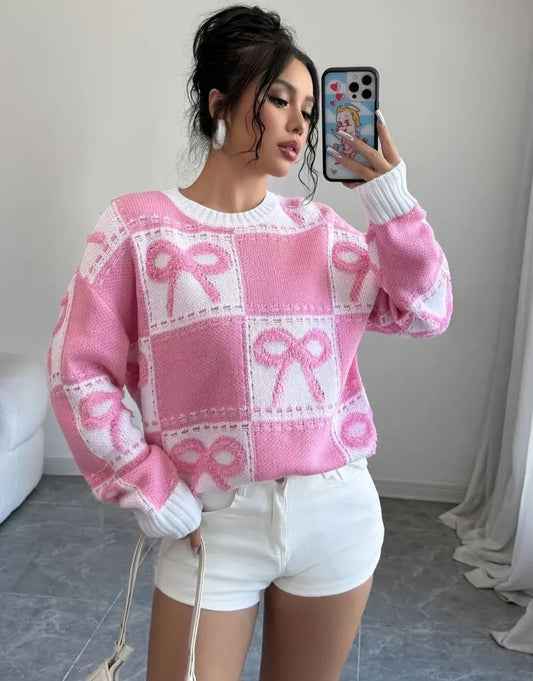 Pink and White Bow Sweater