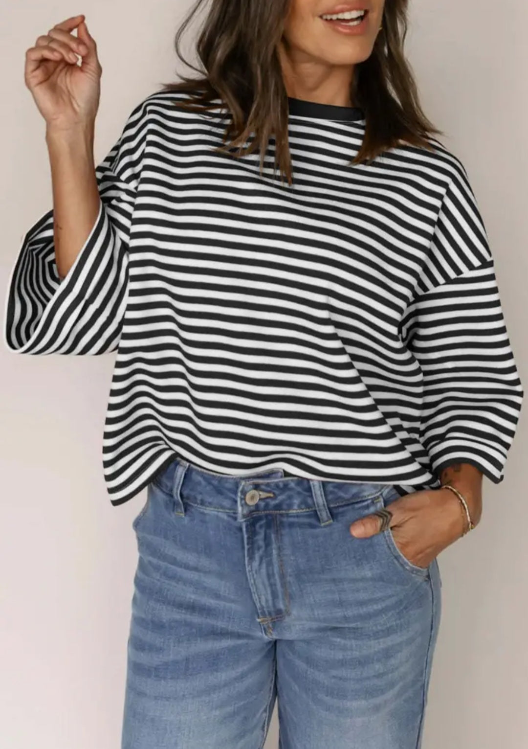 Striped Knit Crew Neck Top with Back Bow Tie Detail