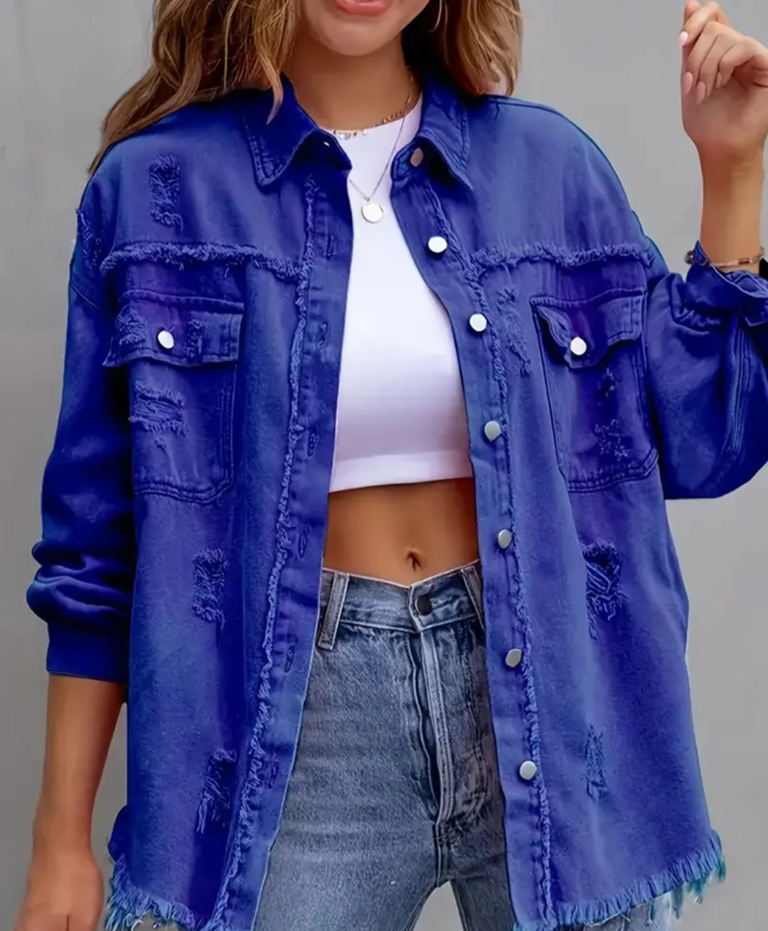 Ripped Fringe Casual Shacket with Pocket
