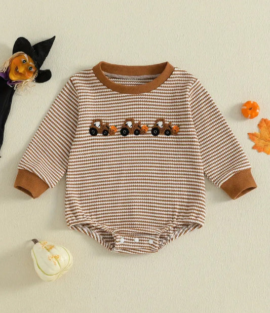 Long Sleeve Crew Neck Striped Embroidery Tractor Pumpkin Fall Bodysuit