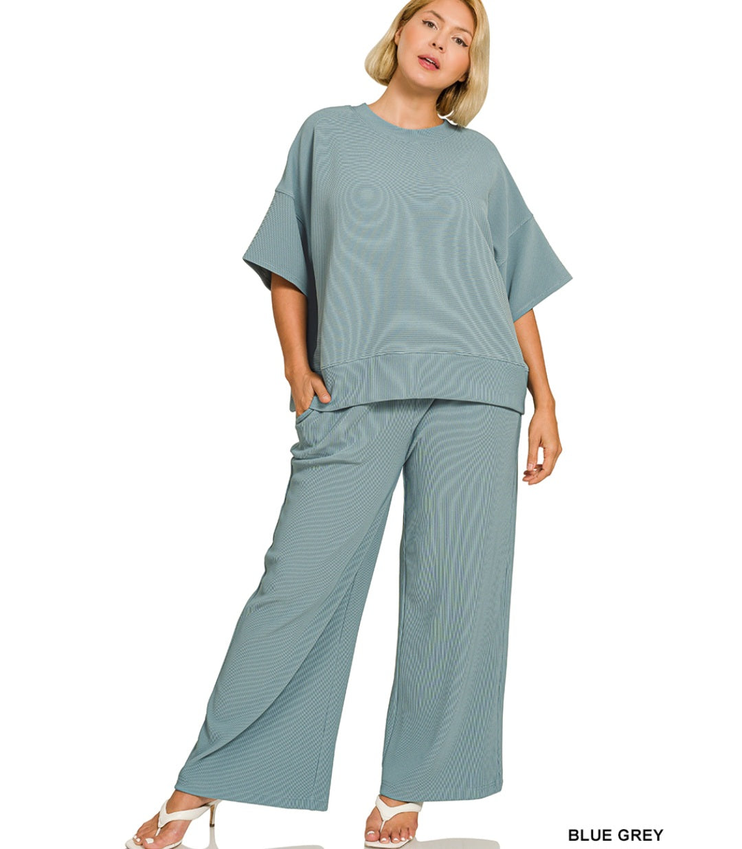 Zenana Plus ribbed round neck tee & pants set