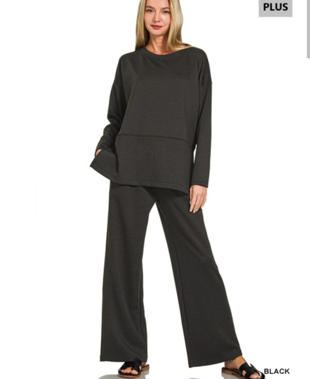 Zenana Plus scuba side slit top & pants set