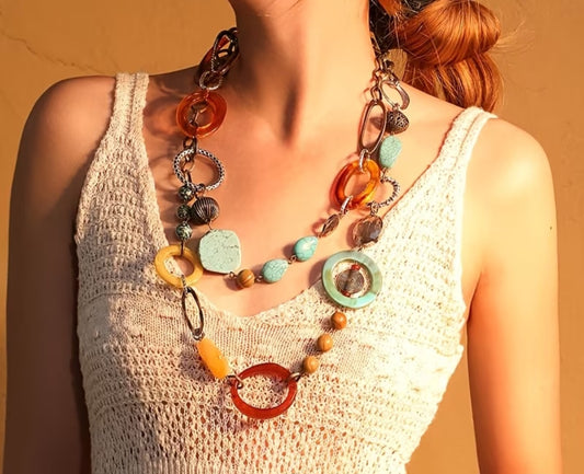 Boho-Chic Vintage Resin Necklace with Geometric
Round Pendant - Sweater Chain