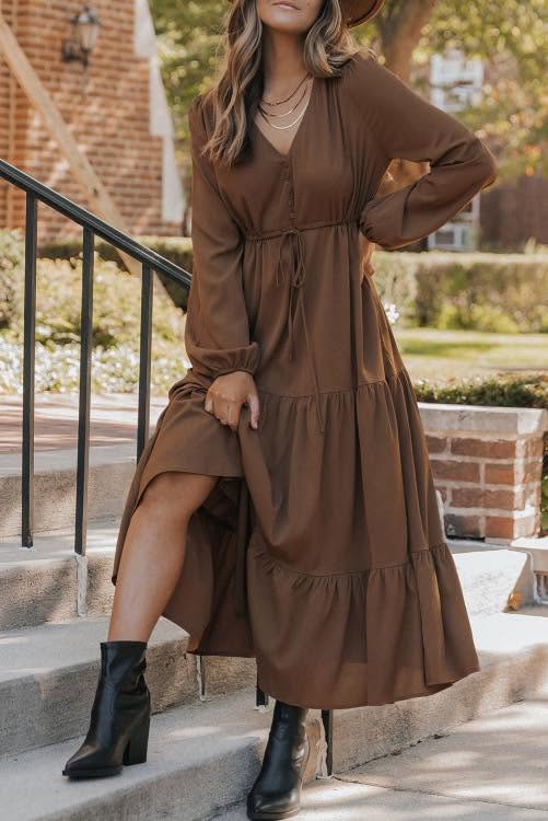 Chestnut  Button V Neck Tiered Maxi Dress