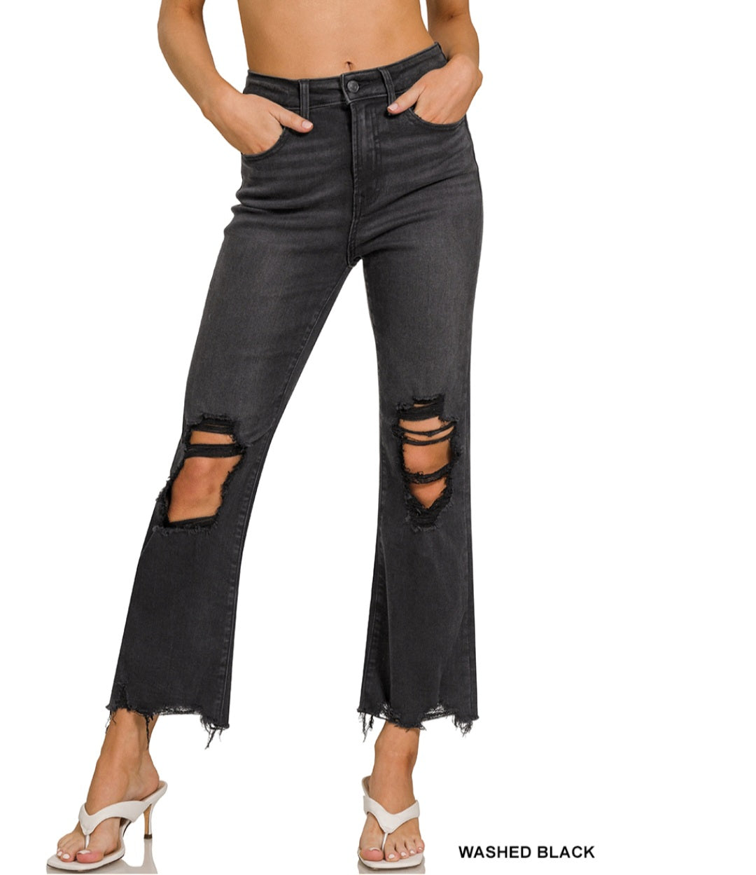 Washed distressed knee and hem pants