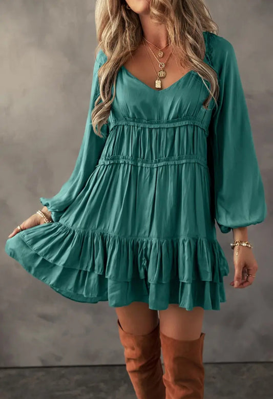 Tiered Ruffled Puff Sleeve Loose Fit Dress