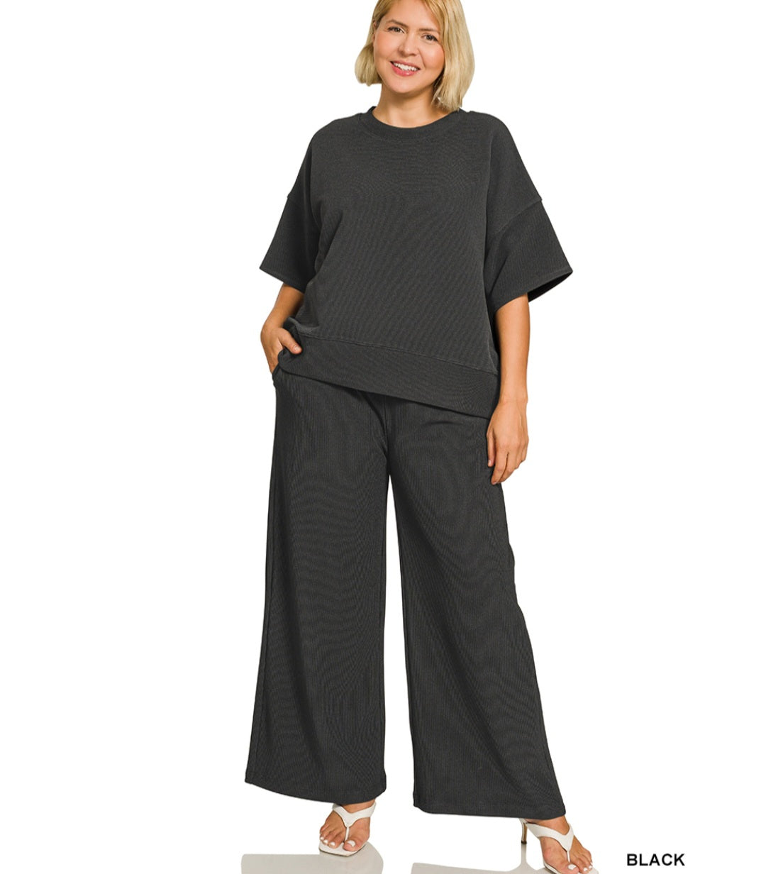Zenana Plus ribbed round neck tee & pants set
