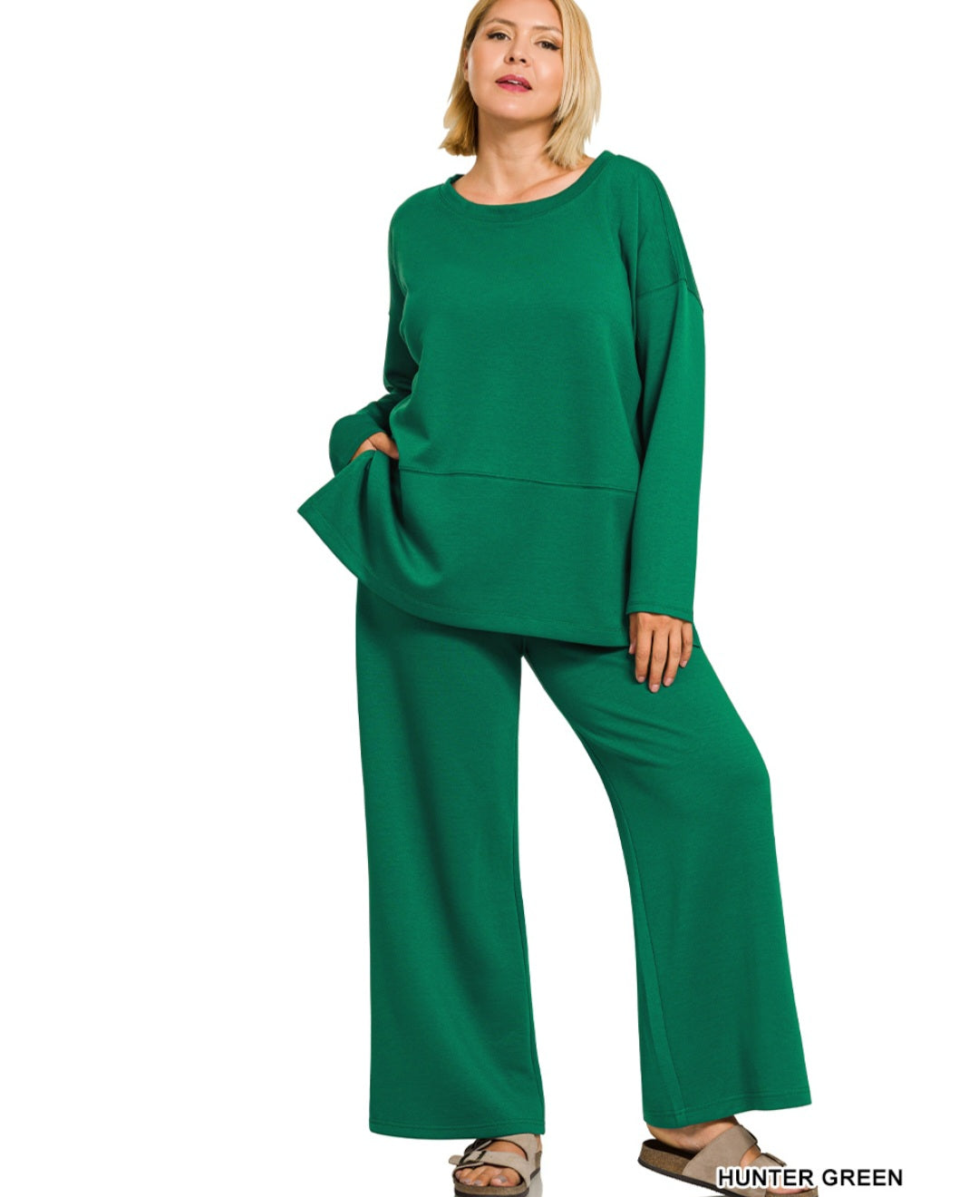 Zenana Plus Size Scuba Side Slit Top and Pants Set