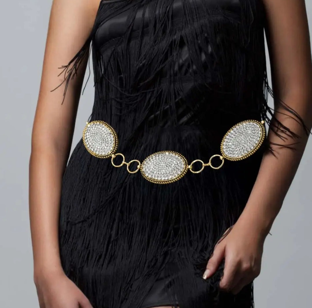 Stone Paved Oval Link Concho Chain Belt- Clear Gold