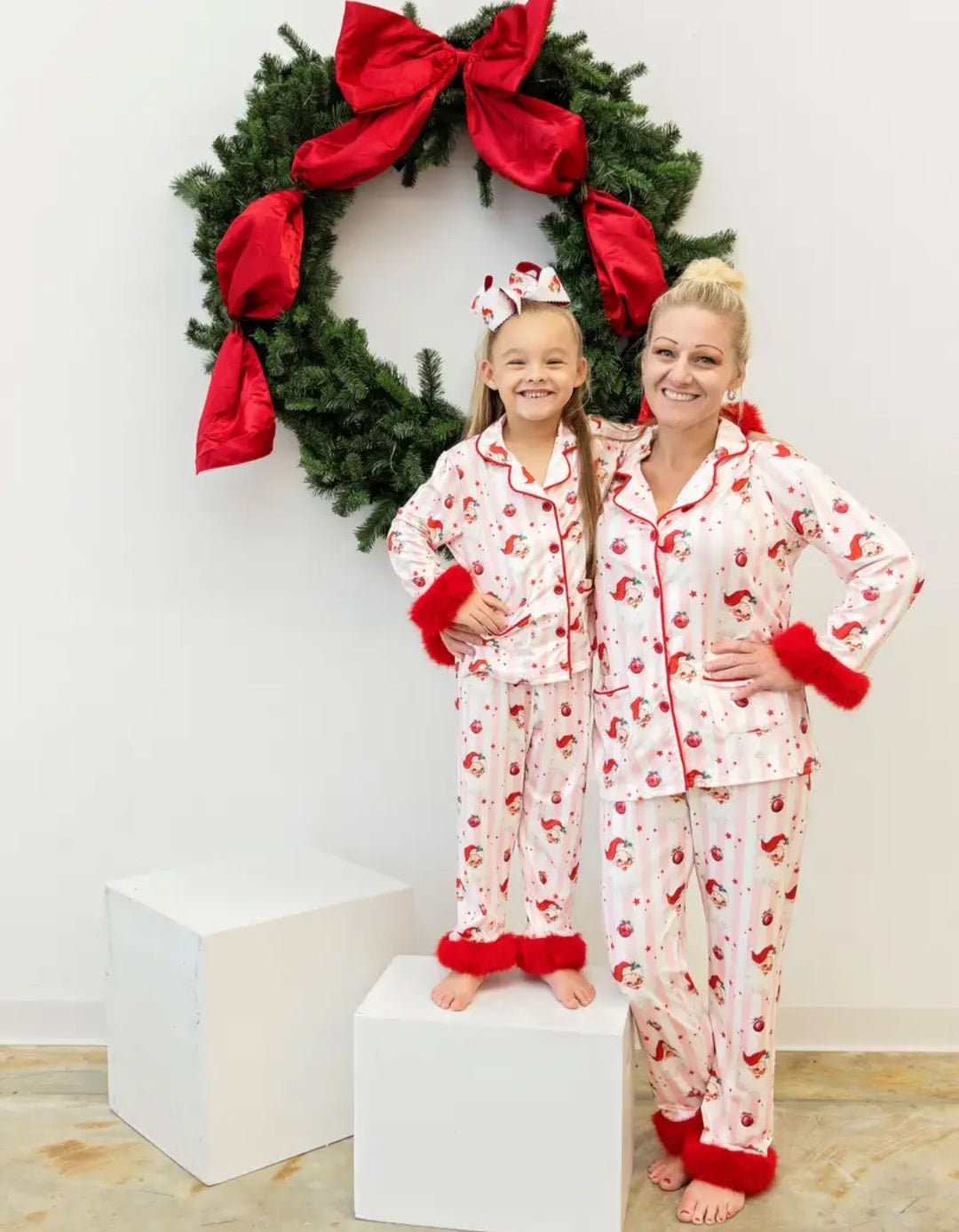 Mommy & Me Santa & Stripes Fuzzy Trim Pj's