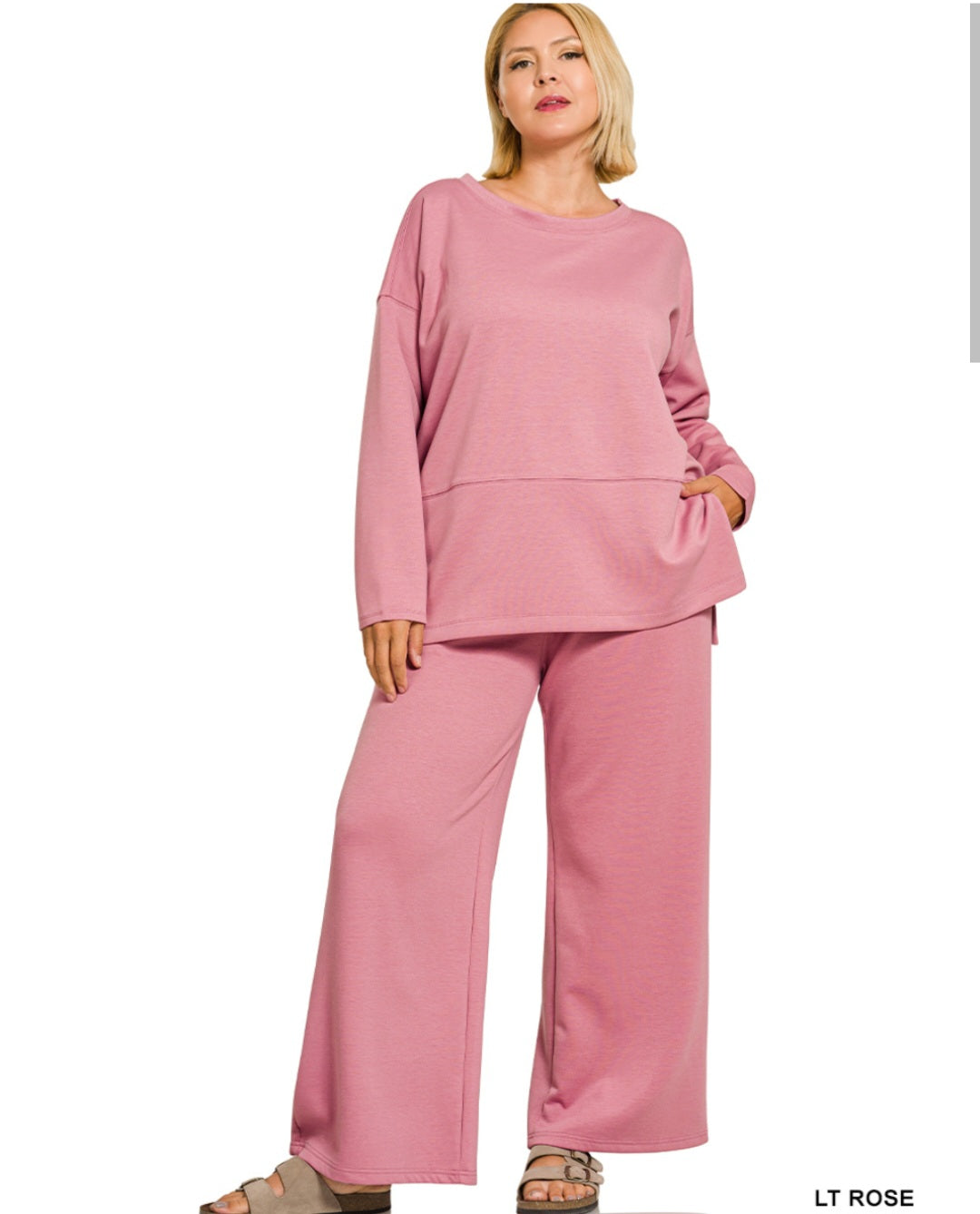 Zenana Plus Size Scuba Side Slit Top and Pants Set