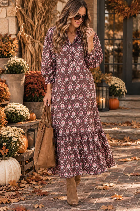 Brown Floral Ruffle Dress
