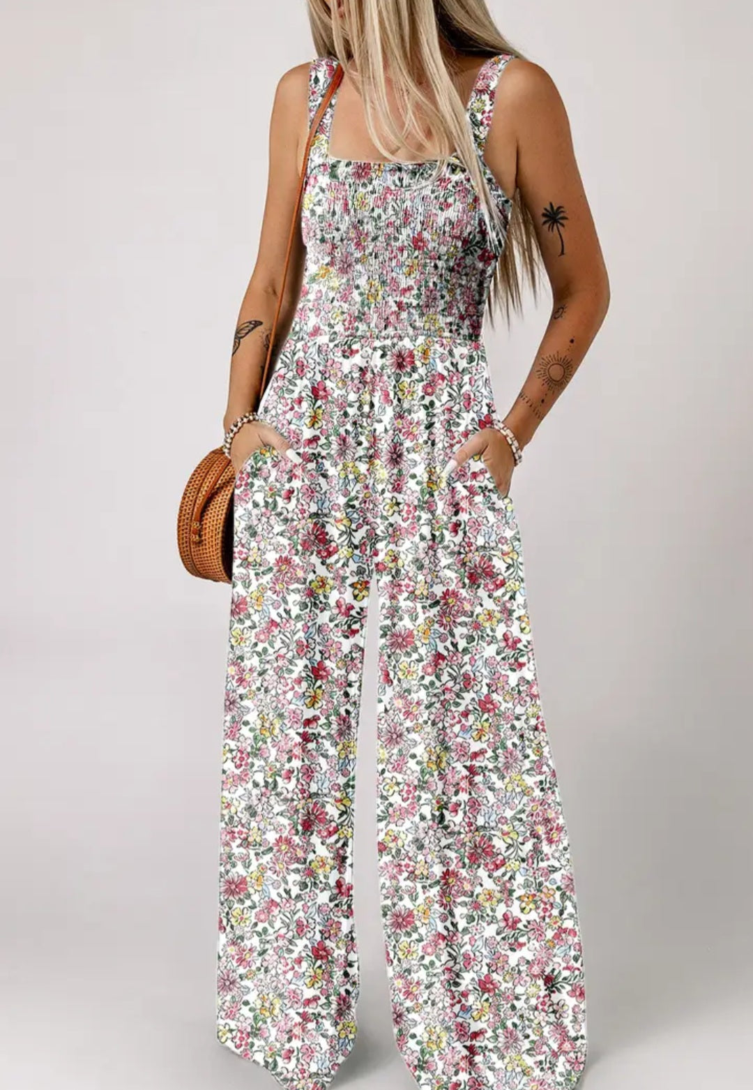Floral Print Smocked High Waist Square Neck Jumpsuit