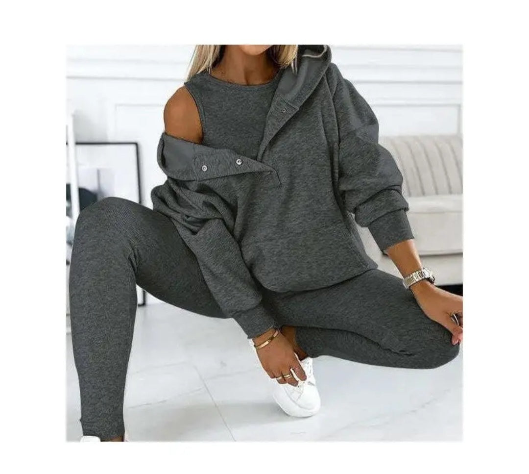 3 Piece Set- Leisure Hoodie, Thick Ribbed Vest, and Pants