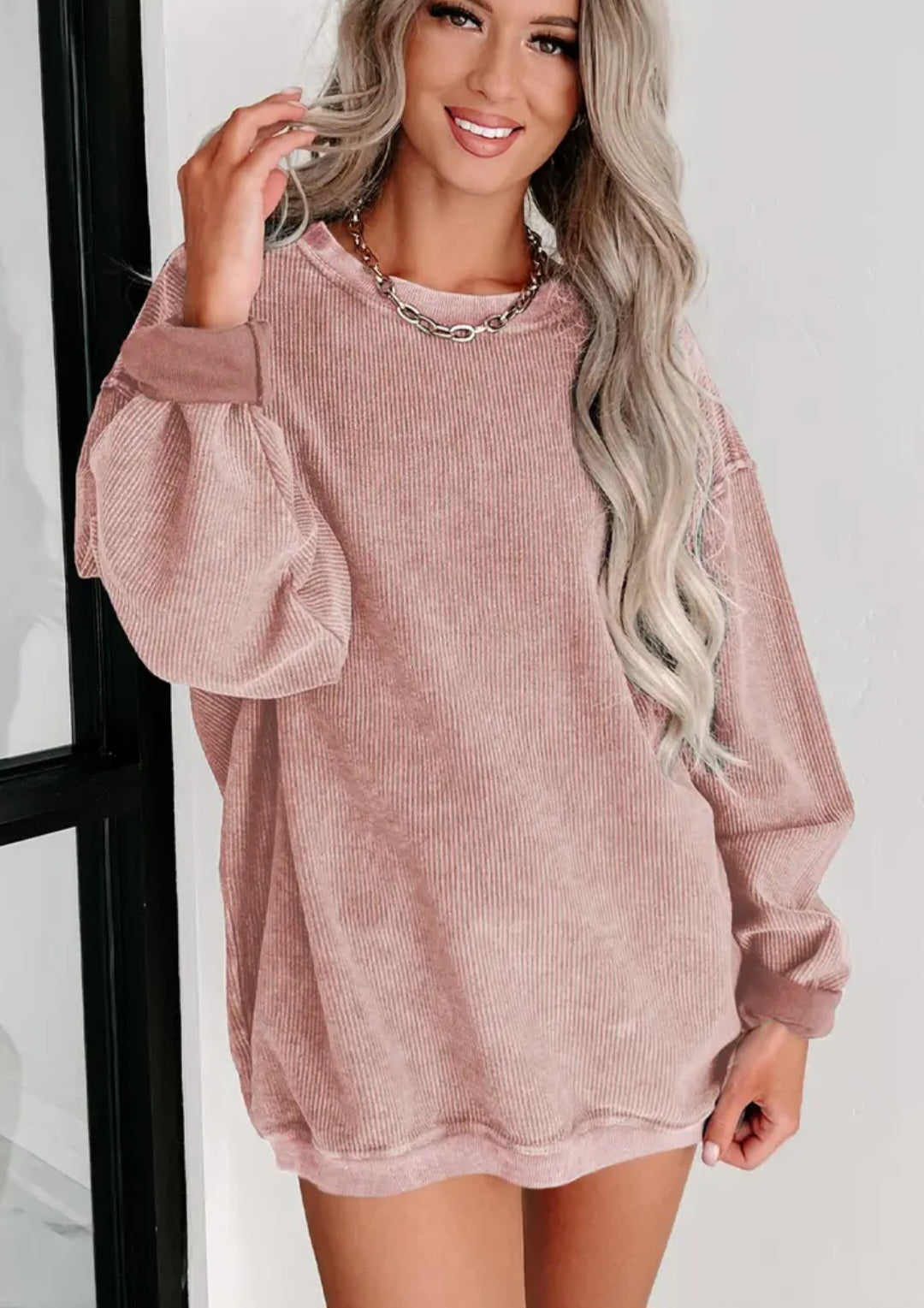 Custom Solid Ribbed Knit Round Neck Pullover Sweatshirt