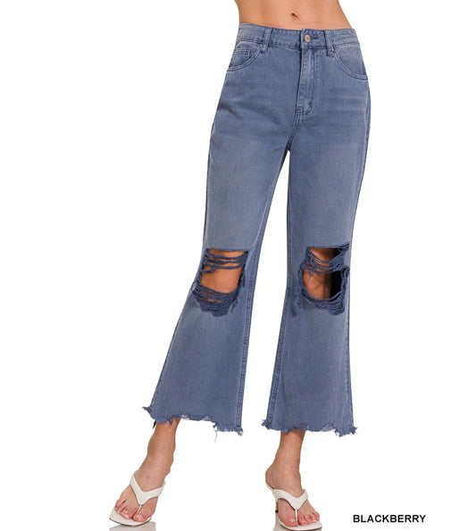 Zenana Blackberry Washed distressed knee and hem cropped pants