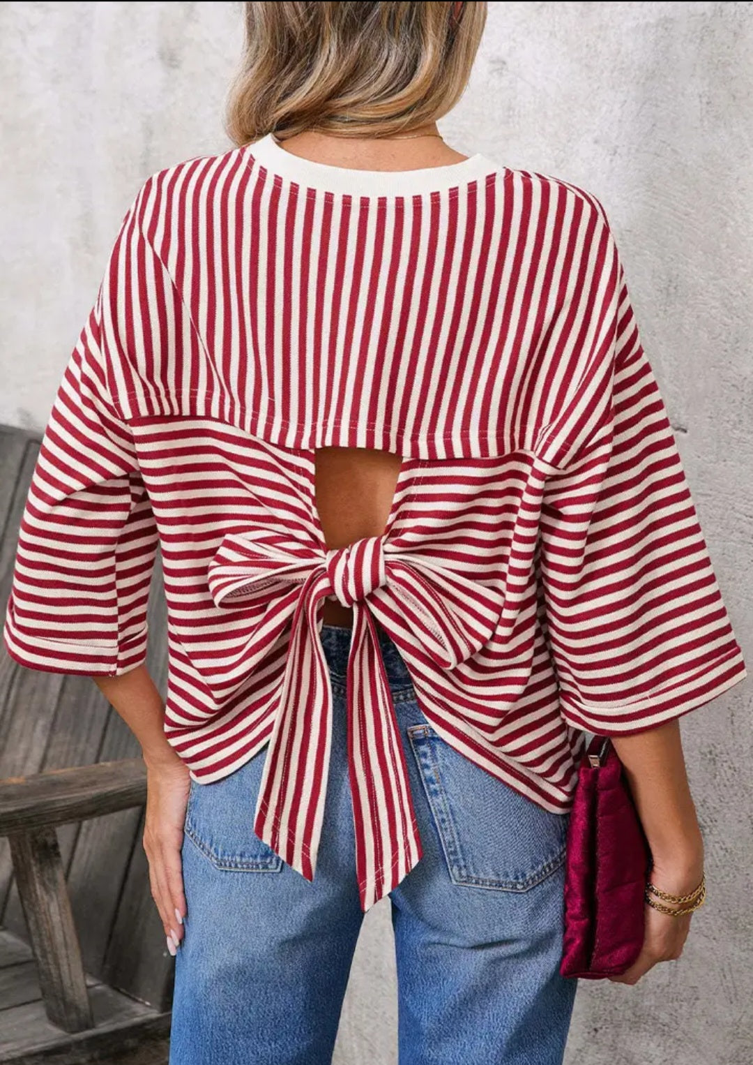 Striped Knit Crew Neck Top with Back Bow Tie Detail - Multiple Colors