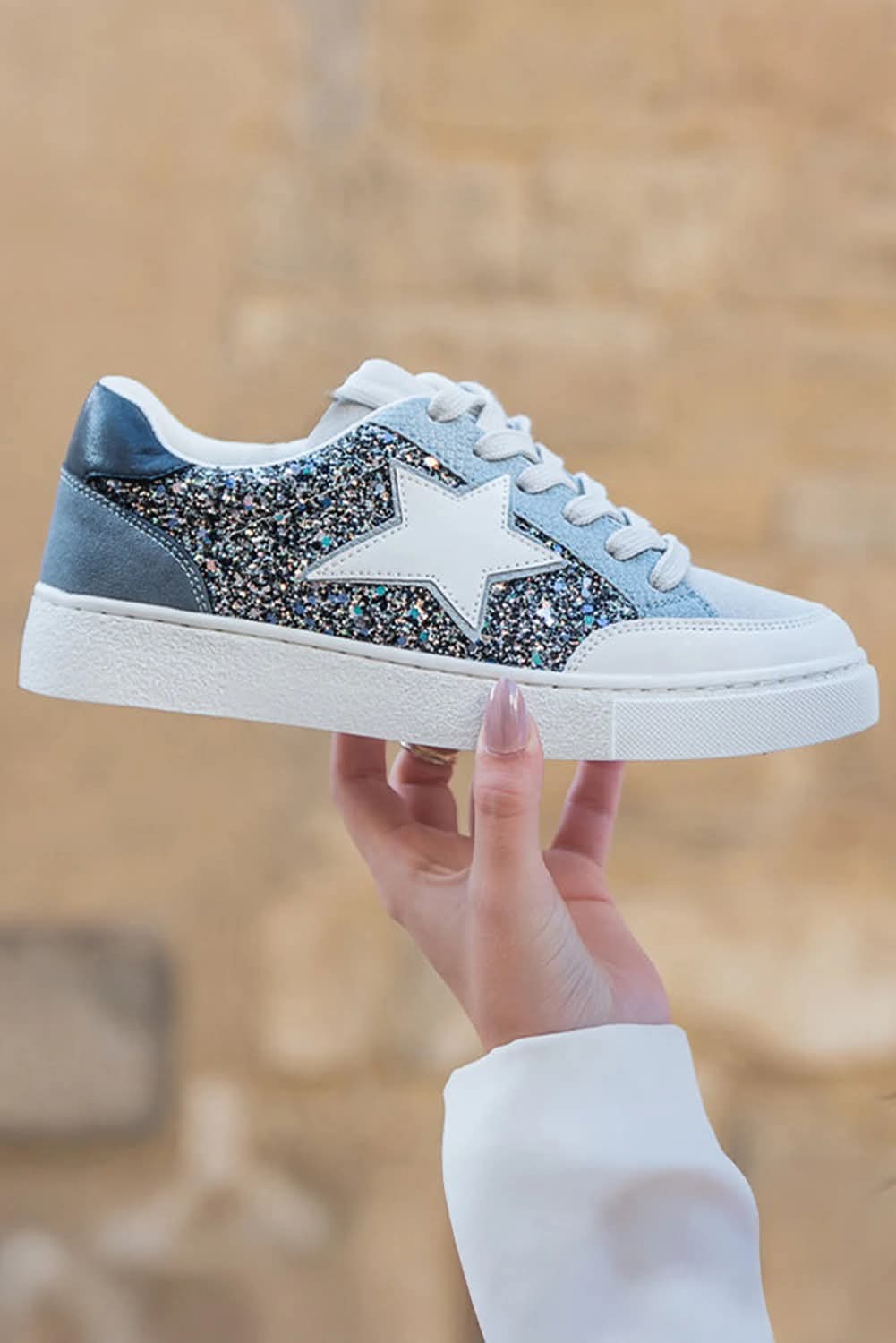 Silvery Star Glitter Lace- Up Sneakers